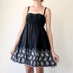 Black Taffeta Party Dress with White Embroidery